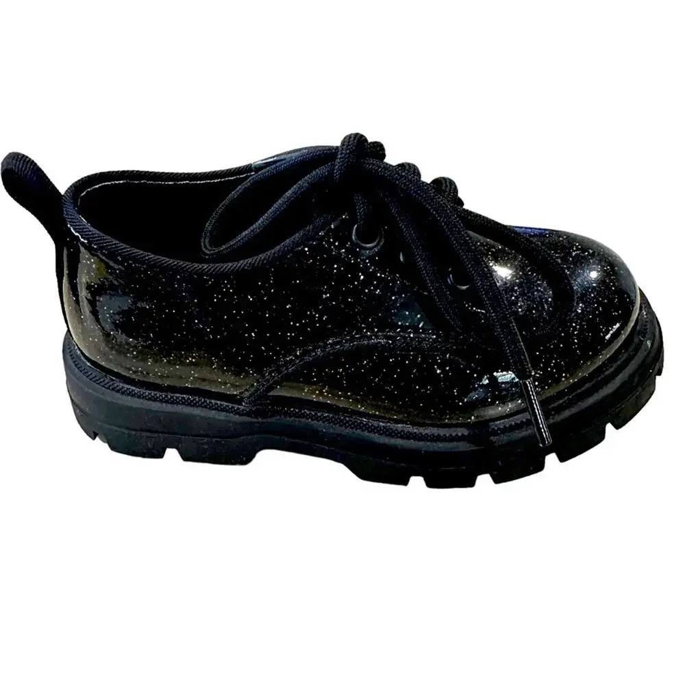 Zara kids‎ girls sparkly black faux patent oxfords lace up shoes EU 22